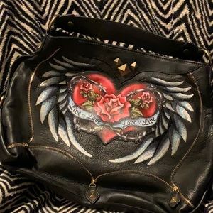 Large Black, leather shoulder bag. Heart and rose decal, embroidered wing detail
